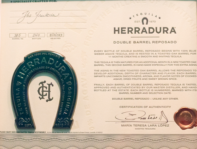Herradura Double Reposado Certificate Tequila Dinner Fruiteria